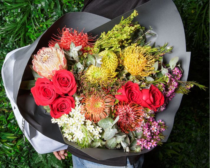 Australian native flower bouquet with red roses