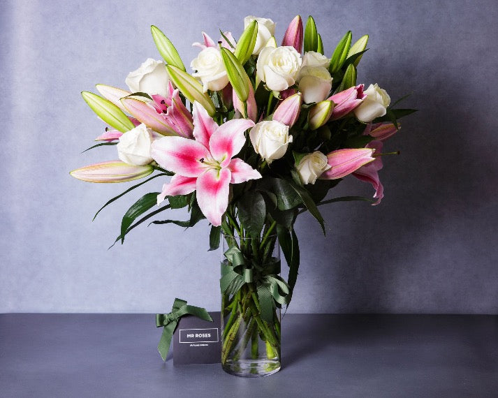 fragrant pink lilies and white roses flower arrangement