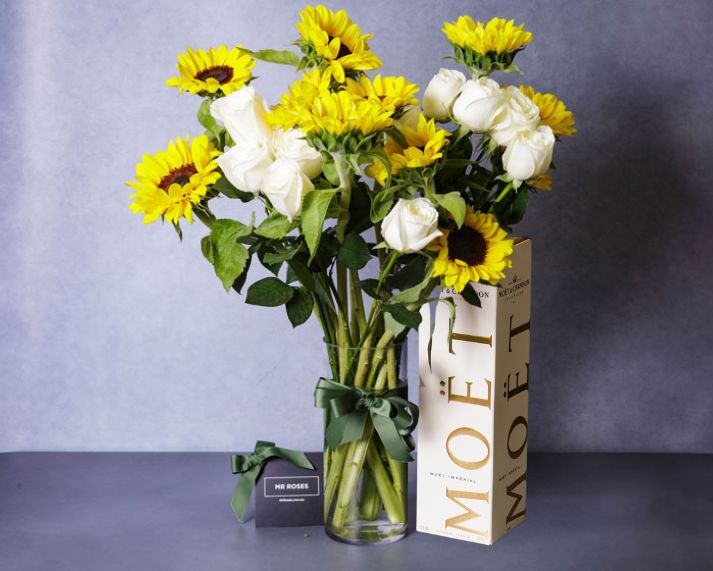 Sunflowers, White Roses & Moët Champagne