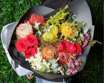 Australian native flower bouquet with red roses