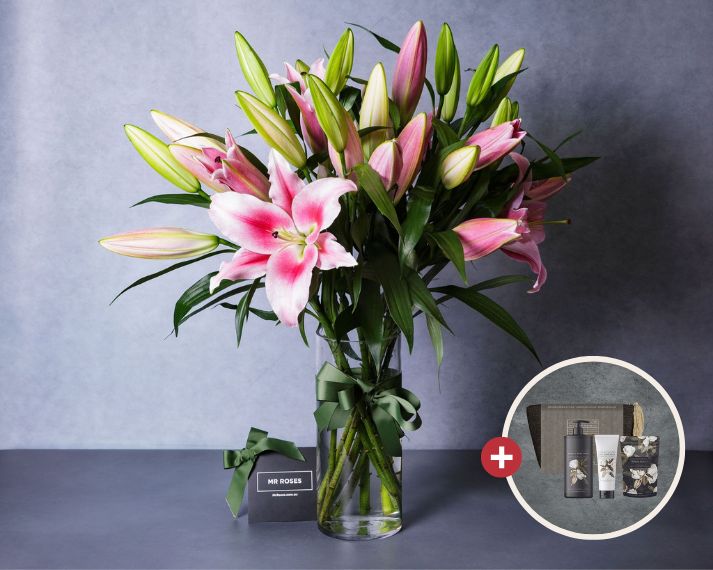 Mother's Day Flowers - Pink Lilies & Luxe Bath Gift Set