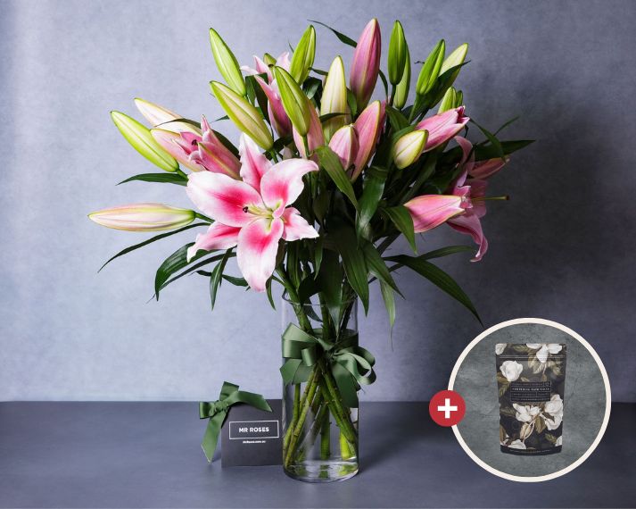 Mother's Day Flowers - Pink Lilies & Pampering Bath Salts