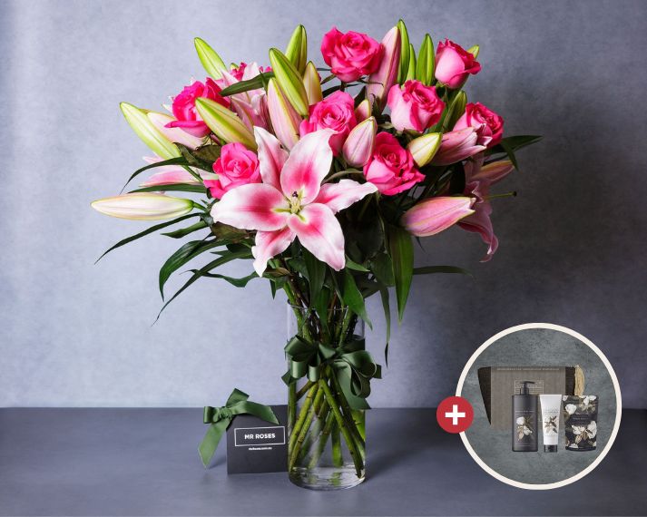 Mother's Day Flowers - Pink Lilies, Pink Roses & Luxe Bath Gift Set