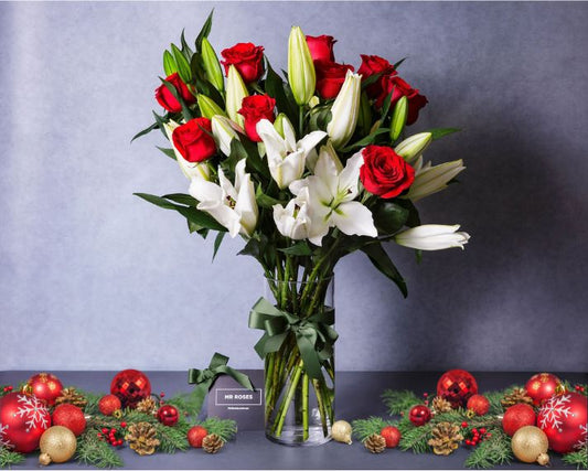 Christmas Flowers -  White Lilies & Merry Red Roses