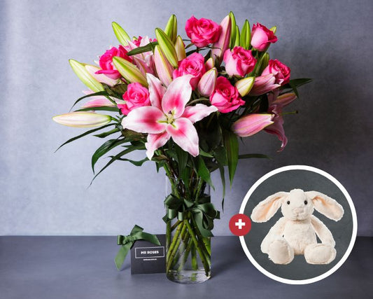 Pink Lilies, Pink Roses & Easter Bunny