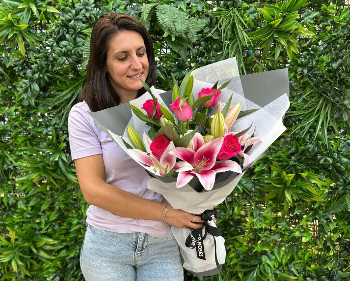 Fragrant Pink Lilies & Pink Roses Bouquet