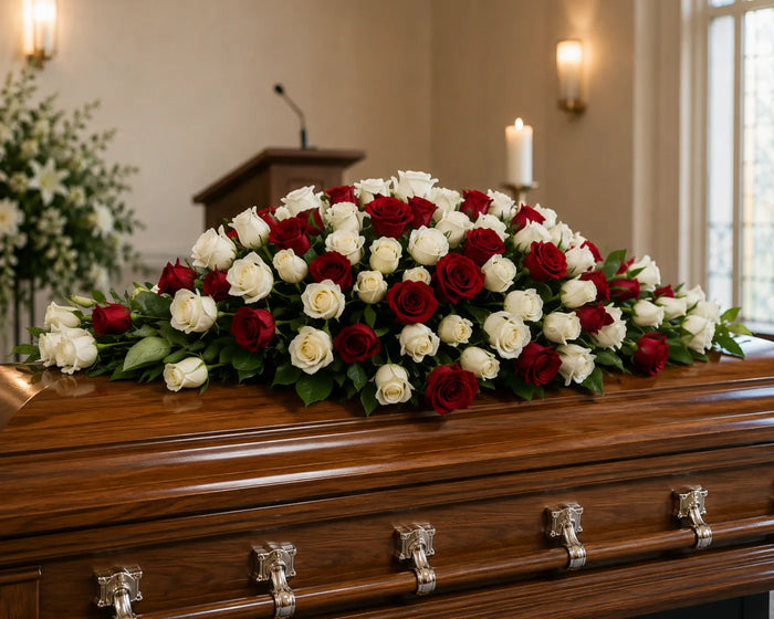 stunning red and white roses casket spray
