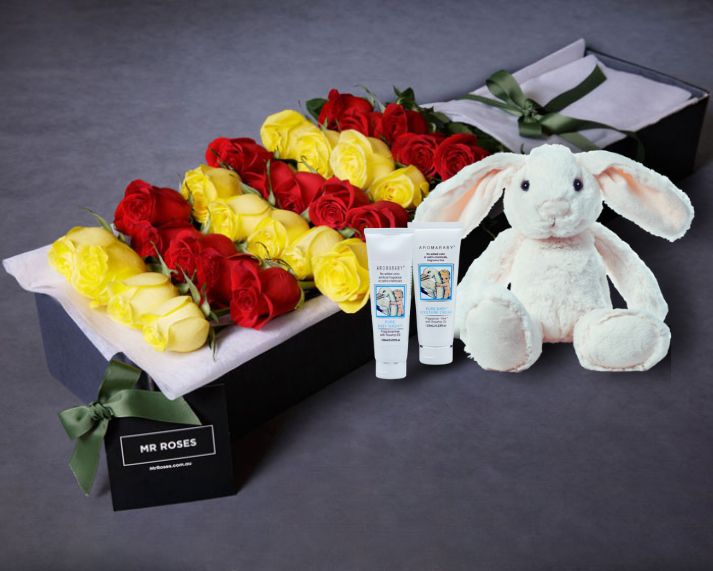 Red Roses, Yellow Roses & Baby Bundle