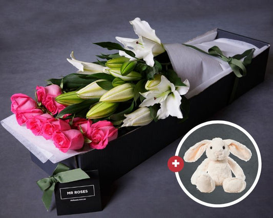 Member-Exclusive White Lilies, Pink Roses & Easter Bunny