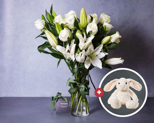 Member-Exclusive White Lilies, White Roses & Easter Bunny