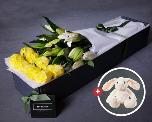 Member-Exclusive White Lilies, Yellow Roses & Easter Bunny