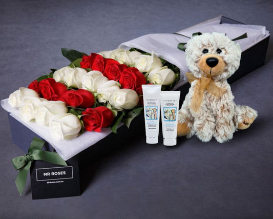 Red Roses, White Roses & Baby Bundle