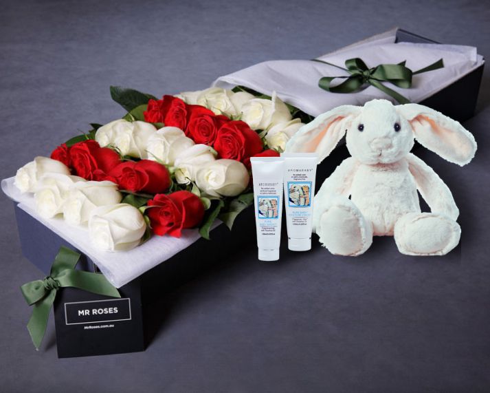 Red Roses, White Roses & Baby Bundle