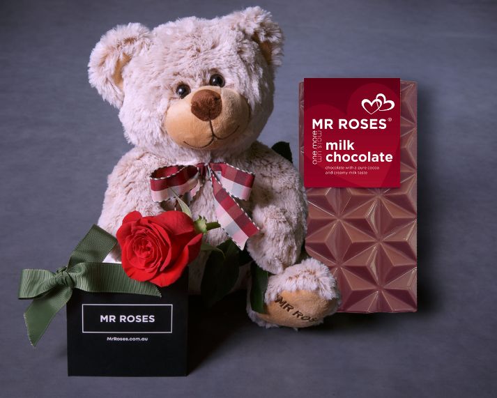 valentines day rose chocolate and teddy