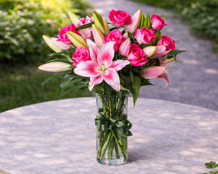 pink lilies and pink roses flower arrangement