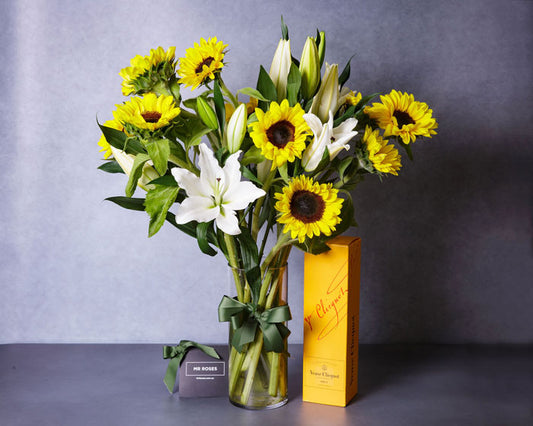 Sunflowers, White Lilies & Champagne