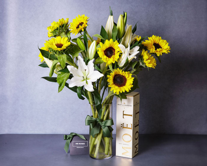 Sunflowers, White Lilies & Champagne