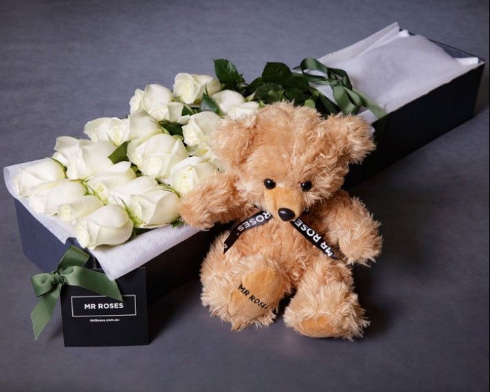 White Roses & Teddy Bear