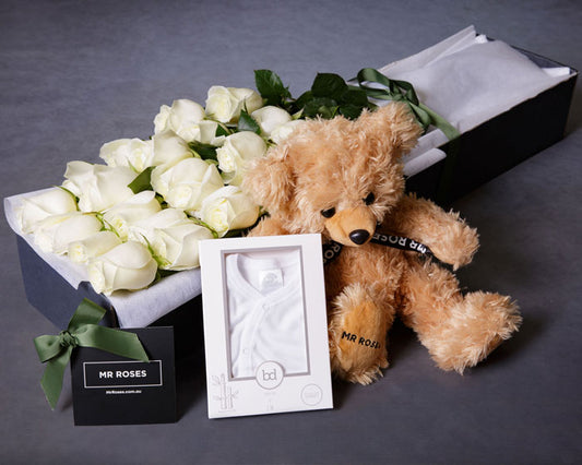White Cream Roses, Newborn Baby Bodysuit & Teddy Bear