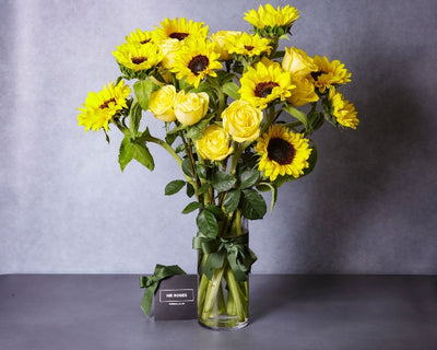 Sunflowers & Yellow Roses Flower Arrangement in Vase