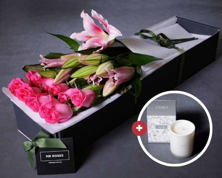 Mother's Day Flowers - Pink Lilies, Pink Roses & Mr Roses Rose Scented Candle