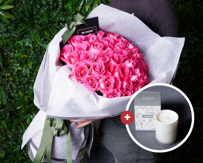 Mother's Day Flowers - Pink Rose Bouquet & Mr Roses Rose Scented Candle