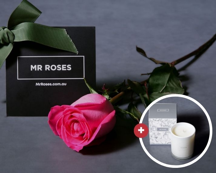 Mother's Day Flowers - Single Long Stemmed Pink Rose & Mr Roses Rose Scented Candle