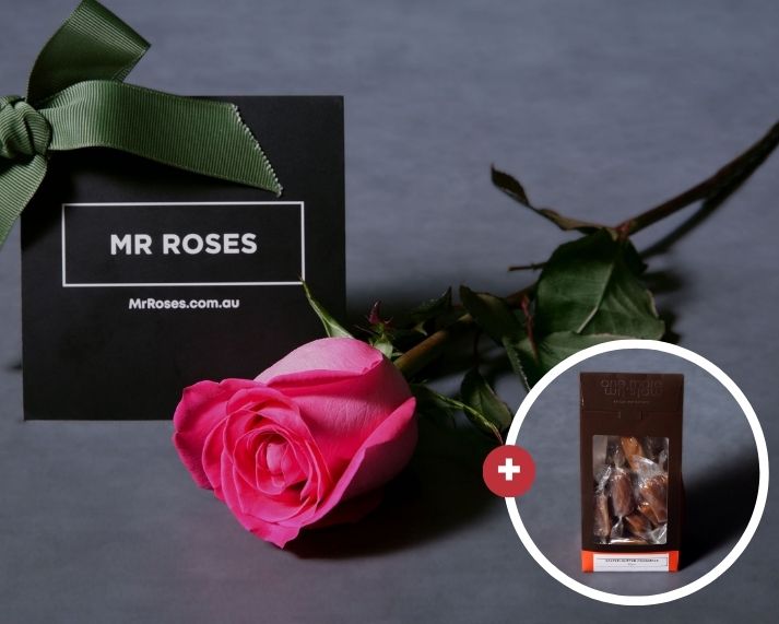 Mother's Day Flowers - Single Long Stemmed Pink Rose & Salted Butter Caramel